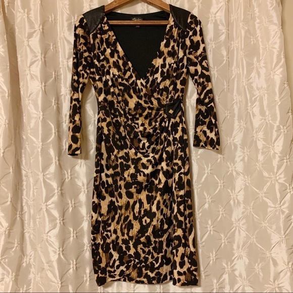 Thalia Sodi Cheetah Print Faux Wrap Dress Midi Animal Surplice 3/4 Long Sleeve - Picture 1 of 13